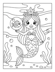 Mermaid cute underwater princess with a starfish crown and floating fish friend coloring page for kids © Crafter