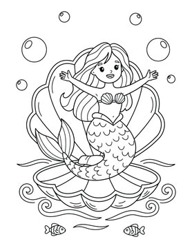 Mermaid adorable sea princess resting inside a giant shell in a magical coloring page adventure