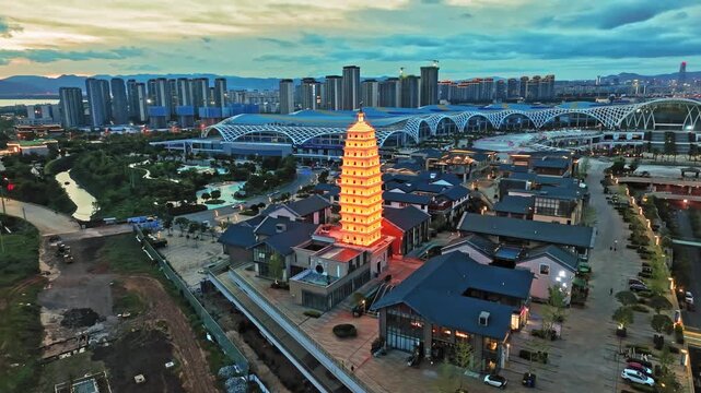 Illuminated Pagoda in Modern Exhibition District at Dusk, Xi'an, China