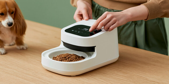 A person using an automatic pet feeder to dispense food for a dog. The feeder is white and modern in design, and the dog looks eager to eat