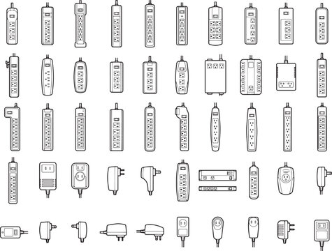 A collection of vector icons depicting various power adapters, surge protectors, and electrical plugs, showcasing different styles and configurations for power supply and surge protection.
