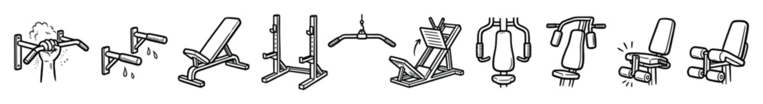 Set of gym equipment icons. Workout machines, fitness apparatus, training devices for strength exercise. Fitness and sports health concepts. Line art, outline, hand drawn doodle style.