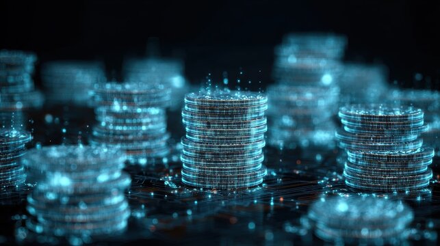 Financial data flow wrapping around stacked coins, AI economy concept, abstract futuristic, electric blue highlights, digital illustration.