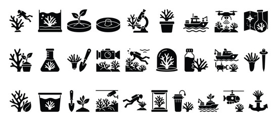 Naklejka premium Set of coral reef icons. Marine biology research, underwater exploration, ocean conservation symbols. Scientific study, aquatic ecosystem flat vector glyphs.