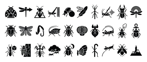 Obraz premium Set of insect icons. Bug, beetle, dragonfly, ladybug, mantis, grasshopper, ant, fly silhouette glyph symbols. Nature, entomology, web, app ui graphic design elements.