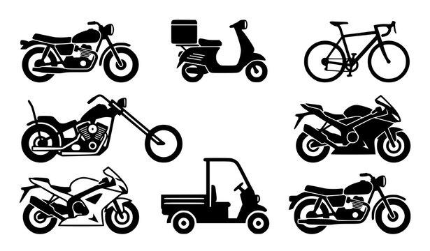 Black silhouette collection of vintage and modern two wheel and three wheel vehicles