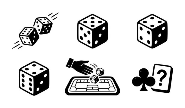 Black and white casino game elements dice cards and board game illustration