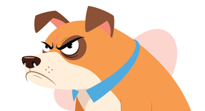 Cartoon character illustration of brown dog with blue collar showing very angry and grumpy facial expression with furrowed brow.