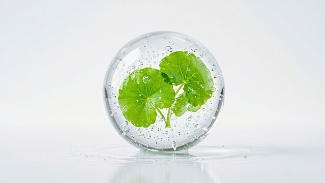 Minimal botanical illustration featuring fresh mint leaves suspended in a clear glass sphere with water droplets.