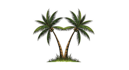 Fototapeta premium Two tropical coconut palm trees leaning towards each other from a grassy patch, depicted in a detailed vintage hand-drawn style.