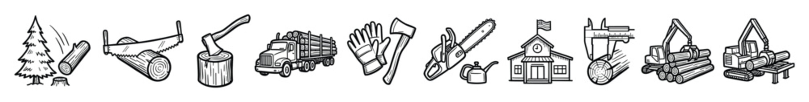 Set of forestry icons, logging industry tools, timber harvesting equipment, wood production outline pictograms, lumber transport graphic elements