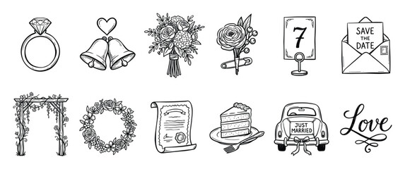 Obraz premium Set of wedding celebration icons. Marriage symbols, bridal elements, love event decorations. Ceremony items, engagement, party decor. Doodle style vector graphic.