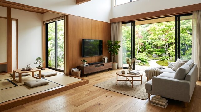 Modern minimalist living room blending traditional tatami and contemporary furniture with natural light