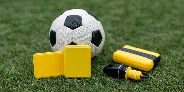 Soccer game equipment including a ball, yellow cards, and a whistle, all resting on green grass