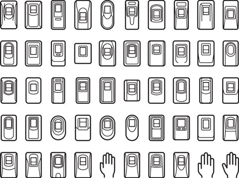 A collection of outline icons representing various types of light switches, each with a unique shape and button design, arranged in a grid pattern.