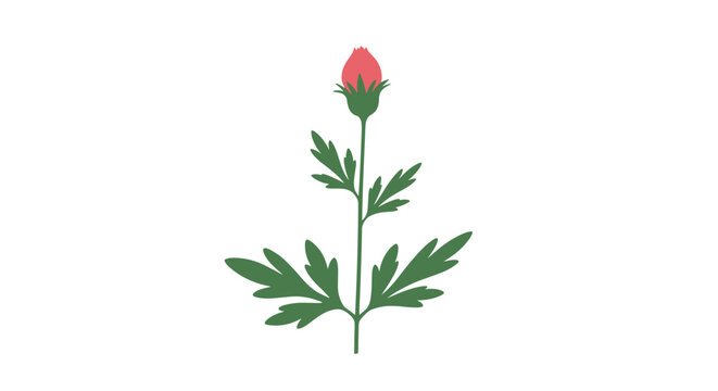 Delicate pink rosebud on a slender green stem with jagged leaves, shown as a simple and elegant floral illustration.