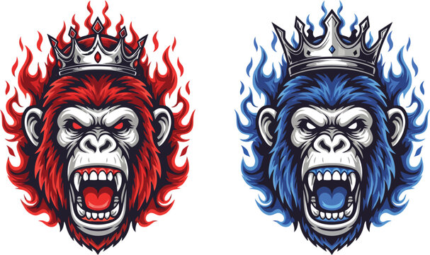 Two fierce crowned gorilla heads with fiery auras, one red and one blue, showcasing aggressive expressions and powerful imagery.