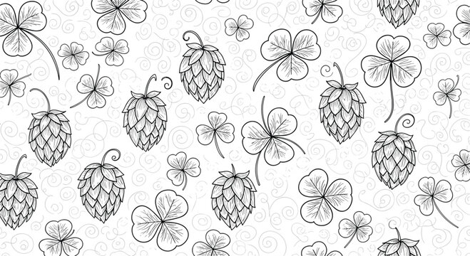 Elegant seamless pattern shows hand drawn sketches of clovers and hops over a light background with subtle swirls for a nature theme.