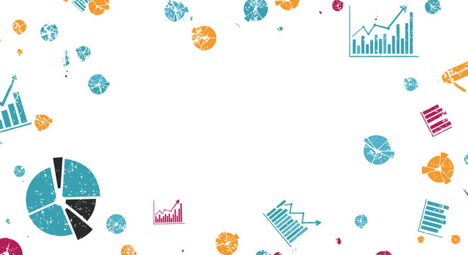 Vibrant business background features a scattered pattern of colorful pie charts, line graphs, and bar diagrams representing data analytics.