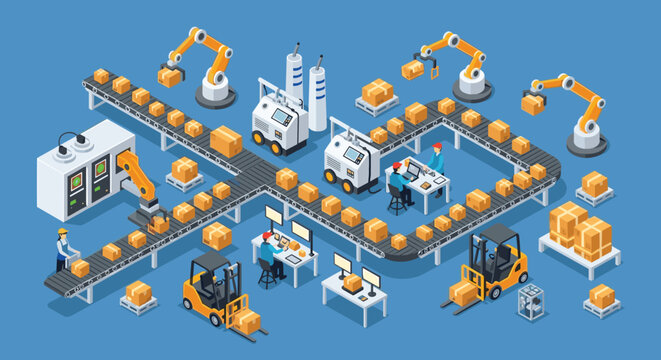 Large automated factory shows robotic arms, workers at computers, forklifts, and conveyer belts moving boxes in isometric view.