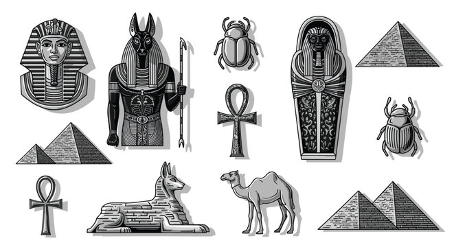 Ancient Egyptian symbols collection features a Tutankhamun mask, Anubis statue, pyramids, scarab beetle, and sphinx in a detailed set.
