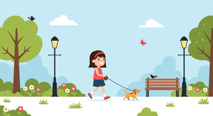 Obraz premium Happy young girl walking her small brown dog on a leash through a beautiful sunny park with green trees and flowers.