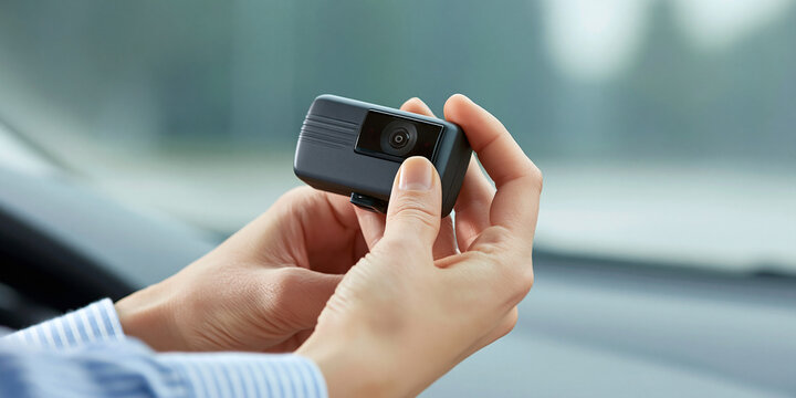 A person holding a small, black device with a lens, likely a camera or dashcam, in their hands. The background is blurred, suggesting an indoor or vehicle setting