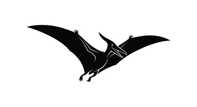 Black silhouette of a pterodactyl flying with wide-spread wings and its beak open, shown against a plain white background.