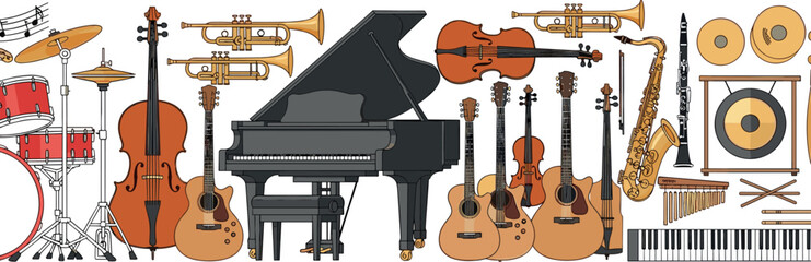 Large Collection of Musical Instruments with Piano, Guitar, Violin, Drums, Trumpet, Saxophone, and More for Music Designs © MstTazmina