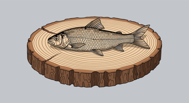 Detailed scientific illustration of a freshwater fish placed on top of a cut tree trunk wood slice with visible annual rings.