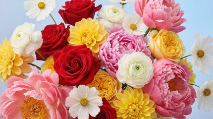 Fototapeta premium Vibrant Bouquet of Mixed Flowers - Roses, Peonies, and Daisies in Full Bloom.
