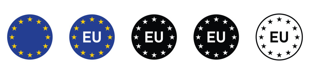 Eu label sticker.  European union quality emblem. Import certification icon. 12 star circular badge on rounded box packaging, vector illustration for product packaging and export design. © TM Vector