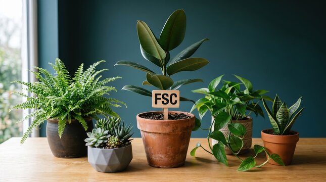 Sustainable indoor plant collection showcasing fsc certified greenery on a sunlit wooden surface with modern terracotta pots