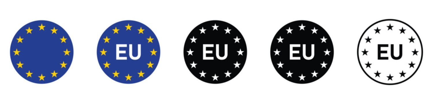 Eu label sticker.  European union quality emblem. Import certification icon. 12 star circular badge on rounded box packaging, vector illustration for product packaging and export design.