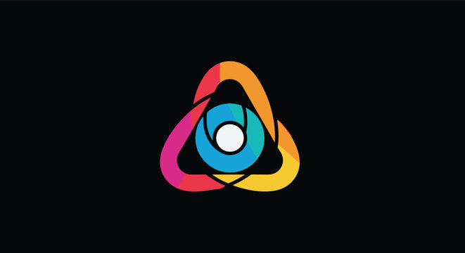 Abstract colorful geometric logo symbol with interlocking triangular shapes and a central circle set against a solid black background.