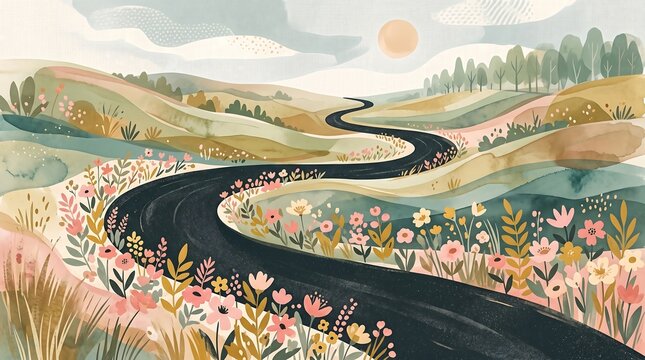 Whimsical winding road through a vibrant, blooming meadow under a sunset sky