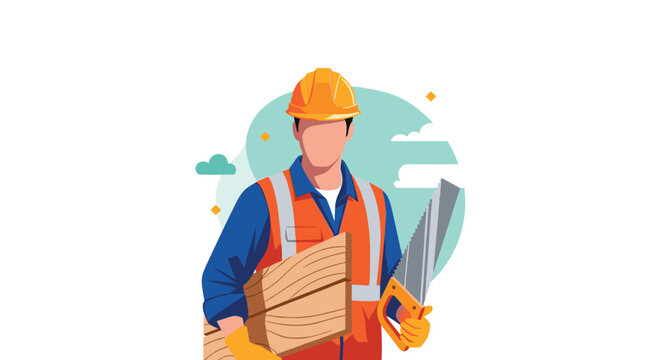 Skilled carpenter wearing a safety helmet and vest holding a wooden board and a hand saw for construction and woodworking themes.
