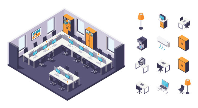 Modern isometric office layout with desks and computers including a collection of individual workplace furniture icons.