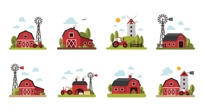 Collection of eight farm scene illustrations featuring red barns, windmills, tractors, and grain silos in a rural landscape.