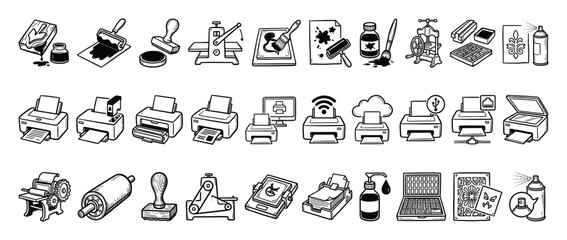 Obraz premium Set of printing icons. Print equipment, stationery devices, desktop office tools. Printer, stamp, press, roller, ink, scanner, wireless, network, cloud technology.