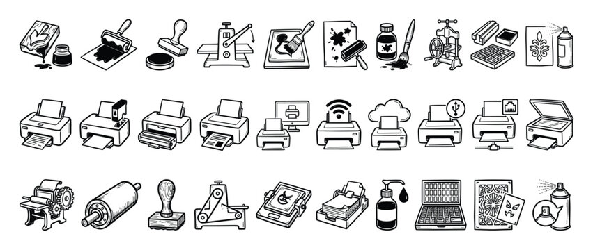 Set of printing icons. Print equipment, stationery devices, desktop office tools. Printer, stamp, press, roller, ink, scanner, wireless, network, cloud technology.
