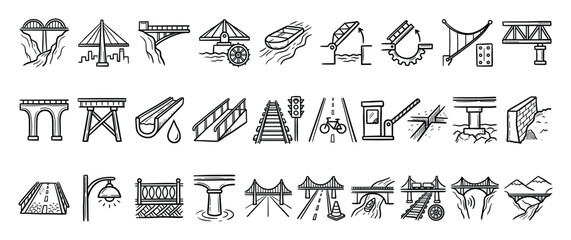 Naklejka premium Set of bridge and infrastructure icons. Arch, suspension, cablestayed, truss, drawbridge, road, railway, aqueduct, canal, transport, engineering symbols.