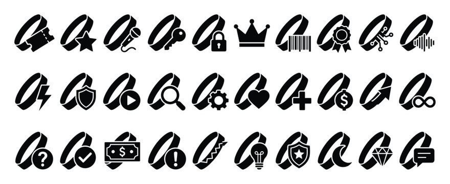 Set of black ribbon ring icons. Universal symbols for web, mobile app, interface design. Security, finance, technology, media, lifestyle, business pictograms, general concept signs.