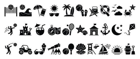 Fototapeta premium Set of summer icons. Beach, vacation, holiday, travel, leisure activities, sports, objects, vector symbols. Flat pictogram collection.