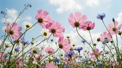 Fototapeta premium Vibrant Cosmos Flowers Dancing in the Gentle Breeze Under a Bright Blue Sky with Fluffy Clouds.