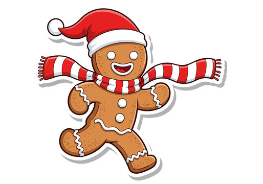 Joyful gingerbread man wearing a Santa hat and scarf running during the Christmas holiday season