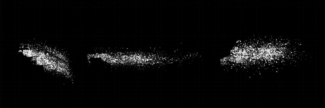 Sugar or salt powder piles set isolated on transparent background. Vector realistic illustration of white dry substance scattered on surface, ground food seasoning,