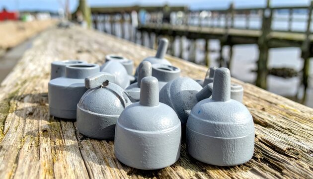Assortment of grey lead fishing weights in various shapes and sizes scattered on a weathered wooden surface near a pier.
