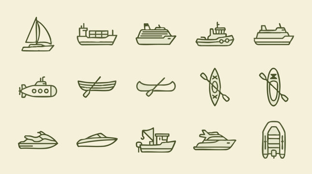 Set of Various Watercraft and Boats Outline Icons Collection