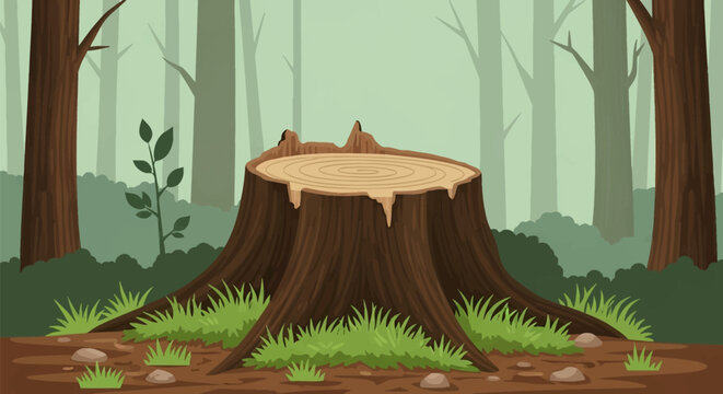 Vector illustration of a large cut tree stump in a misty forest clearing, featuring visible growth rings on the wood, surrounding green grass, and silhouettes of tall trees behind.